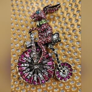 High Fashion Easter Bunny On A Bike Brooch Pin